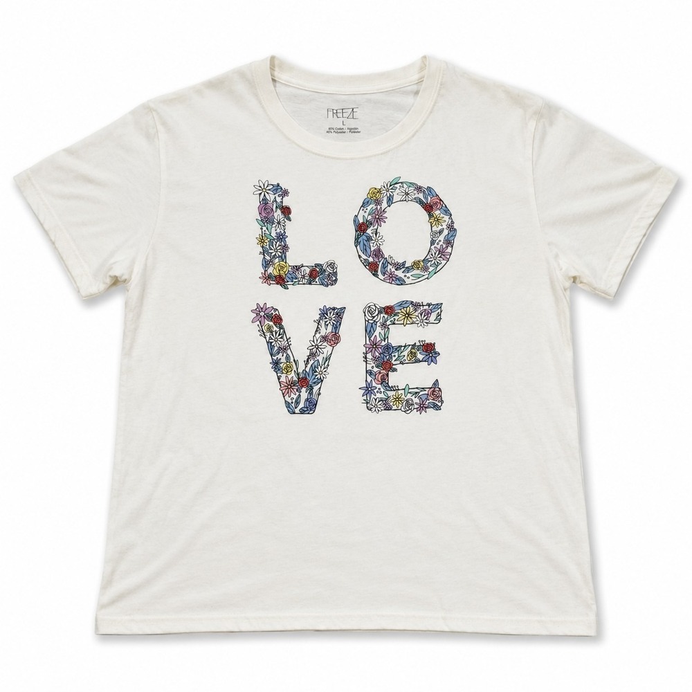Freeze Women's L Floral LOVE Graphic Tee White Short Sleeve Cotton Blend Shirt